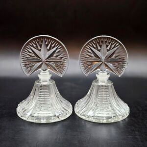 Art Deco Pressed Glass Perfume Bottles Starburst Stoppers Vintage Set of 2